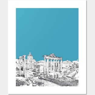 Drawing of Forum Romanum against teal sky Posters and Art